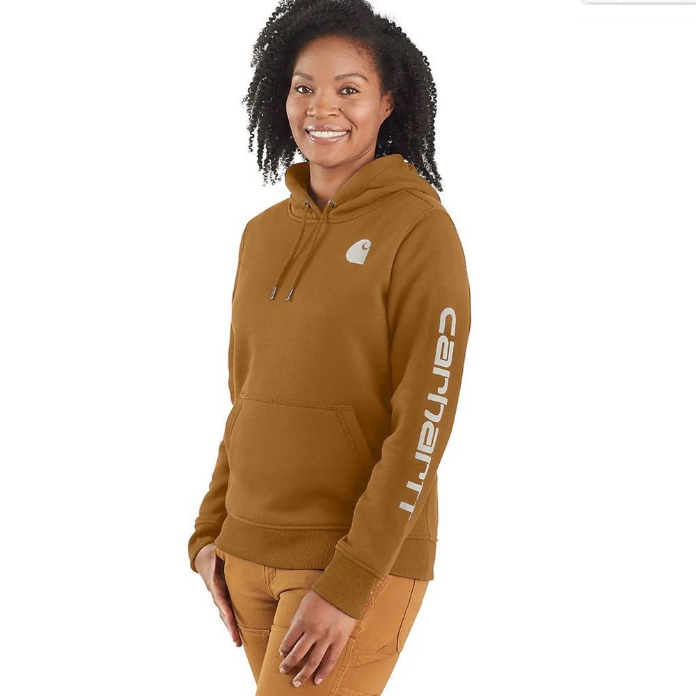 CARHARTT WOMEN'S RELAXED FIT MIDWEIGHT LOGO SLEEVE GRAPHIC HOODIE BROWN SIZE S